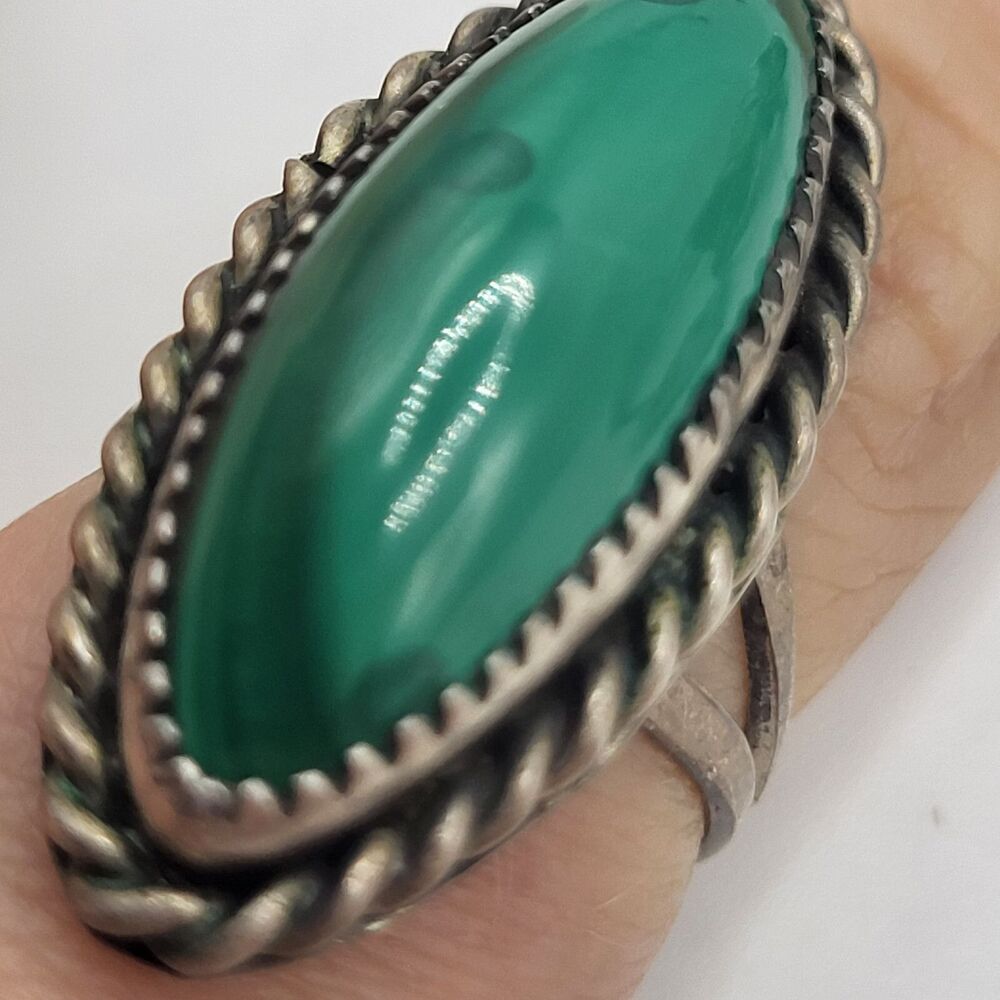 Oval Marquise Malachite Native Sterling Silver Chunky Bohemian Ring sz 7 Green G